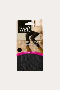 Collant opaque 180D Chaud Rayures Côtelées Allure d'Hiver - Noir ébène
